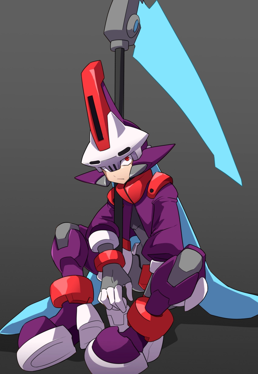 1boy android aqua_hair armor boots cropped_jacket crotch_plate energy_blade fins full_body gradient_background grey_background head_fins highres holding holding_scythe jacket long_hair looking_at_viewer male_focus mega_man_(series) mega_man_zx model_w_(mega_man) omeehayo open_clothes open_jacket power_armor prometheus_(mega_man) purple_armor purple_footwear purple_helmet purple_jacket red_eyes scythe simple_background sitting skull-shaped_hat solo white_helmet