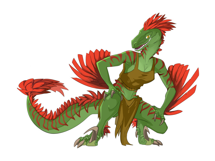 2024 absurd_res anthro bottomwear breasts claws clothing crouching digital_media_(artwork) dinosaur dromaeosaurid feathers female greekceltic green_body hi_res loincloth looking_at_viewer non-mammal_breasts reptile scalie solo stripes tail tail_tuft teeth theropod toe_claws tuft uthalla velociraptor yellow_eyes