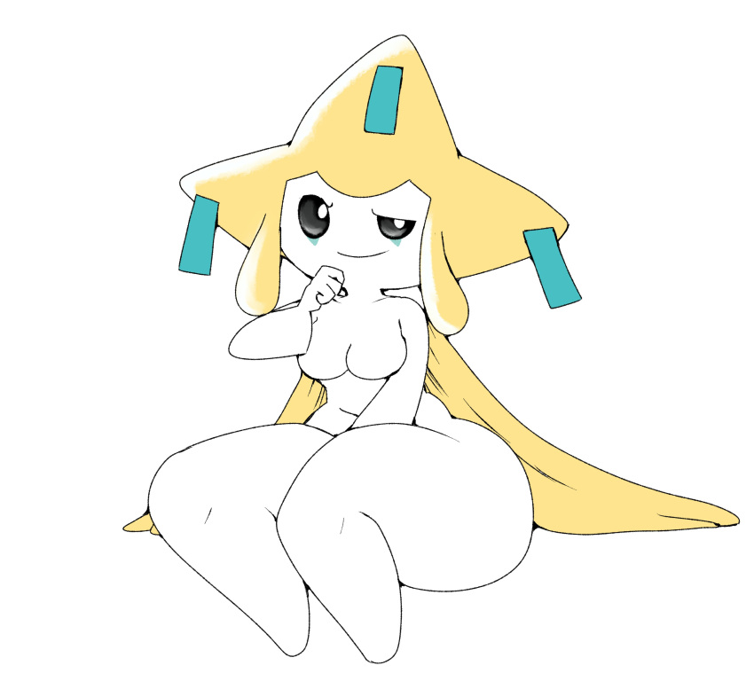 2022 absurd_res anthro biped black_sclera breasts featureless_breasts featureless_feet feet female ferretidk full-length_portrait generation_3_pokemon hi_res holding_chin huge_hips huge_thighs jirachi legendary_pokemon looking_at_viewer medium_breasts navel nintendo nude one_eye_half-closed pokemon pokemon_(species) pokemorph portrait pseudo_clothing short_stack simple_background sitting smile solo thick_thighs white_background white_body white_eyes wide_hips