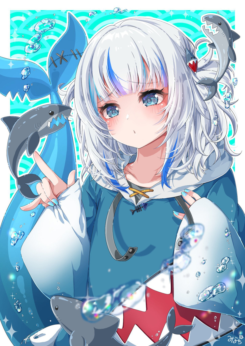 1girl :o air_bubble blue_eyes blue_hair blue_hoodie blue_nails blunt_bangs blush bubble commentary_request cowboy_shot fins fish_tail freediving gawr_gura gawr_gura_(1st_costume) gradient_sleeves grey_hair hair_ornament highres hololive hololive_english hood hood_down hoodie long_hair long_sleeves looking_at_another looking_at_viewer messy_hair multicolored_hair nail_polish pinching_sleeves shark shark_hair_ornament shark_tail shidou_riko sleeves_past_wrists solo streaked_hair tail two_side_up underwater virtual_youtuber wavy_hair wide_sleeves