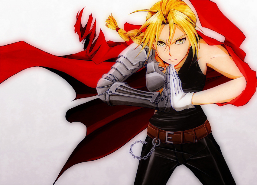 1boy belt black_pants black_shirt blonde_hair braid brown_belt cape chain closed_mouth collarbone edward_elric electricity fullmetal_alchemist gloves grey_eyes male_focus mechanical_arms pants red_cape shirt single_glove single_mechanical_arm sleeveless sleeveless_shirt solo tank_top white_background white_gloves yukimachi37