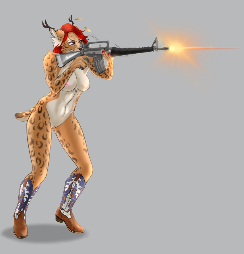 absurd_res aiming_weapon anthro boots cadence_ann cinnameana clothing cowboy_boots felid feline female footwear gun hi_res lynx mammal nude ranged_weapon rifle shooting solo weapon