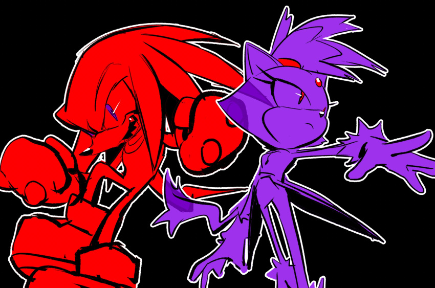 1boy 1girl animal_ears black_background blaze_the_cat cat_ears cat_tail closed_mouth eyelashes forehead_jewel gloves highres knuckles_the_echidna looking_to_the_side miijiu open_mouth outline purple_eyes red_eyes sharp_teeth sonic_(series) tail teeth