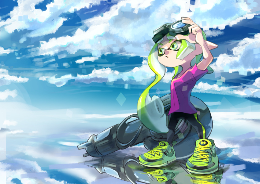 1girl :/ arm_up asymmetrical_hair blue_sky closed_mouth cloud day full_body goggles goggles_on_head green_eyes green_hair inkling inkling_girl inkling_player_character koike3582 legs_apart long_hair nautilus_(splatoon) outdoors pink_shirt reflection reflective_water salt_flats shirt shoes short_sleeves single_vertical_stripe sky solo splatoon_(series) standing suction_cups tentacle_hair very_long_hair