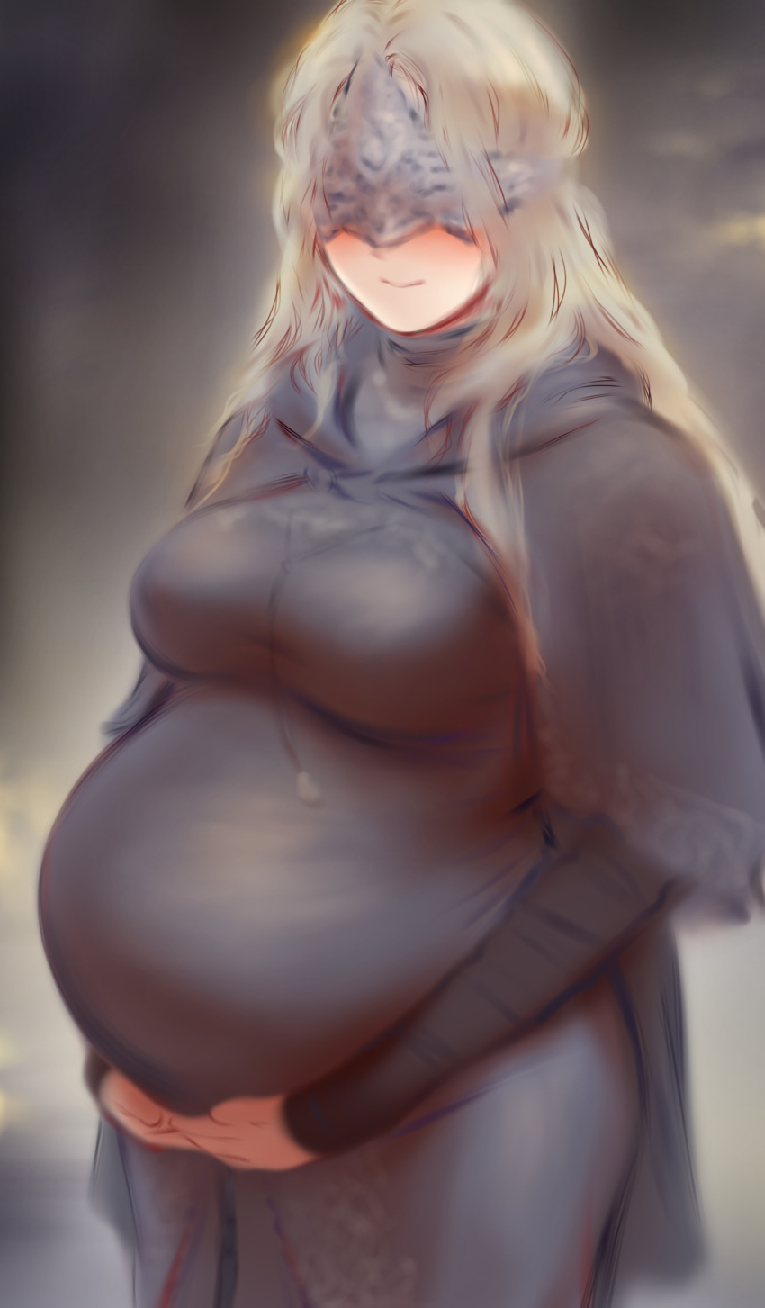 1girl arm_wrap black_cloak blindfold blonde_hair blush breasts cloak covered_eyes dark_souls_(series) dark_souls_iii eye_mask fire_keeper highres large_breasts long_hair mask pregnant shpo smile solo standing