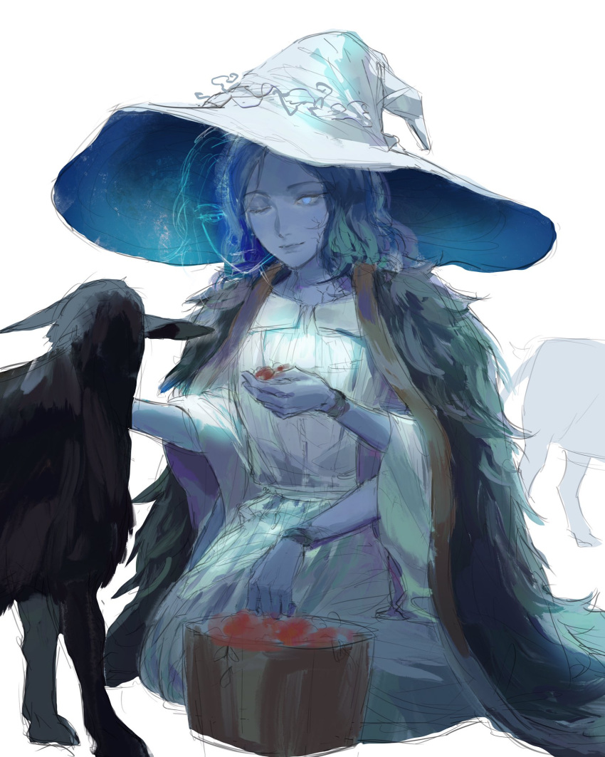 1girl blue_eyes blue_hat blue_skin cloak closed_mouth colored_skin cracked_skin dress elden_ring extra_arms extra_faces feeding_animal food fur_cloak hat highres holding holding_food keibleh kneeling ranni_the_witch sheep simple_background sketch smile solo two-sided_fabric two-sided_headwear white_background white_dress white_hat