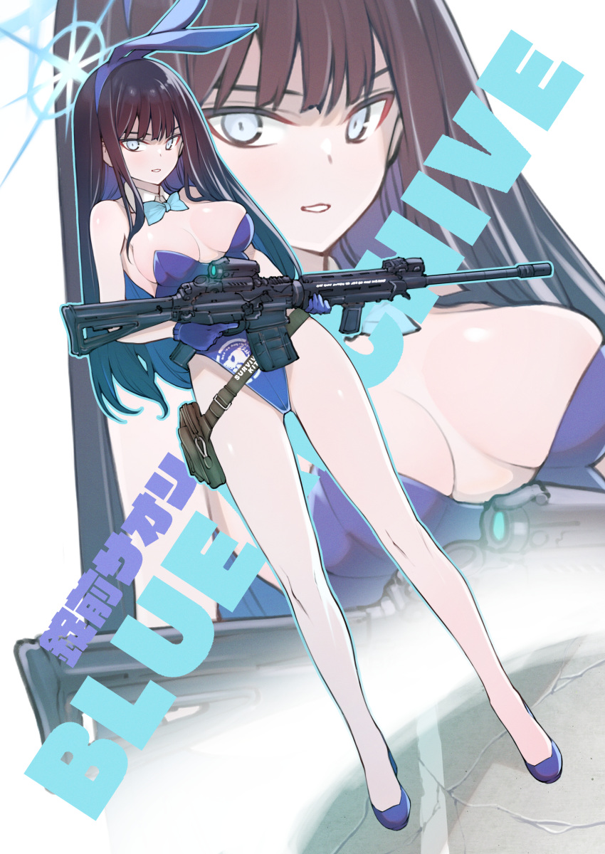 1girl absurdres animal_ears assault_rifle black_hair blue_archive blue_eyes blue_gloves blue_halo blue_leotard bow bowtie breasts detached_collar fake_animal_ears full_body gloves grin gun halo highleg highleg_leotard highres holding holding_gun holding_weapon kojima_takeshi large_breasts leotard long_hair looking_at_viewer playboy_bunny rabbit_ears rifle saori_(blue_archive) shoes sig_516 sig_sauer smile solo standing weapon zoom_layer