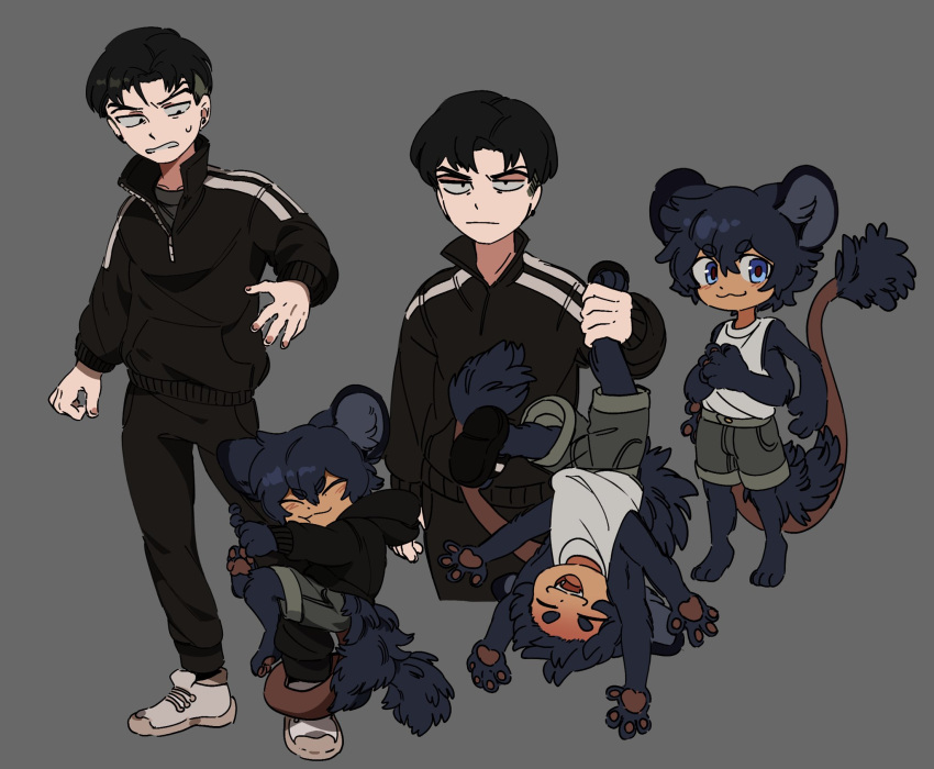 2boys :3 animal_ears animal_feet animal_hands black_eyes black_hair black_hoodie black_jacket black_pants blue_eyes carrying carrying_person child closed_eyes closed_mouth deviidog0 english_commentary extra_arms full_body fur-tipped_tail grey_background grey_shorts hand_up highres holding_another's_leg hood hood_down hoodie hug hugging_another's_leg jacket long_sleeves looking_at_another male_focus monster_boy multiple_boys multiple_views original pants red_pupils short_eyebrows short_hair shorts simple_background standing tail tail_wrap tank_top undercut very_short_hair