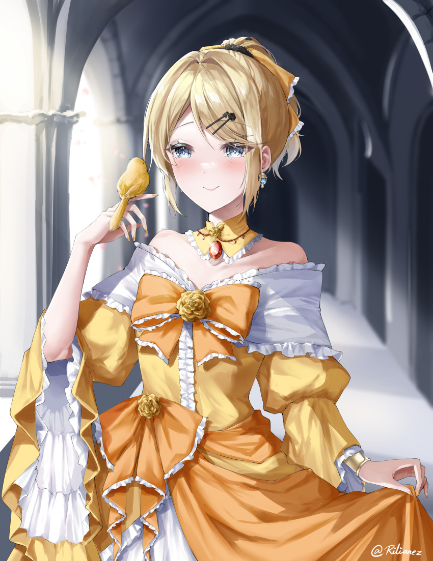 1girl absurdres aku_no_musume_(vocaloid) bare_shoulders bird bird_on_hand blonde_hair blue_eyes blush bow bracelet breasts brooch castle choker collarbone detached_collar dress dress_bow dress_flower earrings flower frilled_choker frilled_sleeves frills gem hair_bow hair_ornament hairclip hallway high_ponytail highres jewelry kagamine_rin narrow_waist off-shoulder_dress off_shoulder orange_bow petticoat puffy_sleeves red_gemstone riliane_lucifen_d'autriche rilianez sidelocks signature skirt_hold small_breasts smile solo stone_floor stone_pillar swept_bangs twitter_username updo vocaloid wide_sleeves yellow_bow yellow_choker yellow_flower yellow_nails