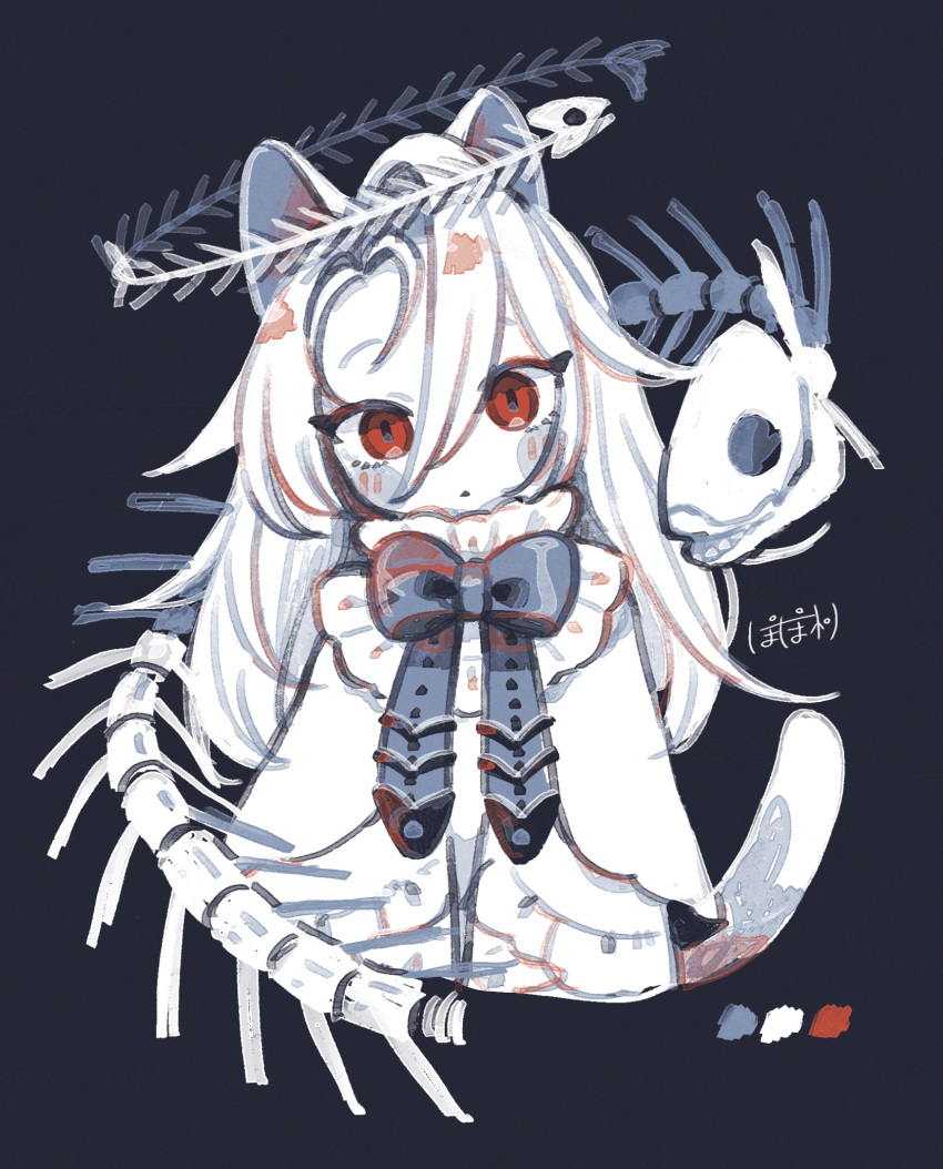 1girl animal_ears black_background black_bow black_bowtie bow bowtie capelet cat_ears cat_tail closed_mouth fish_skeleton hair_between_eyes halo highres long_hair looking_at_viewer original piyoko9494 simple_background skeleton solo tail white_capelet white_hair