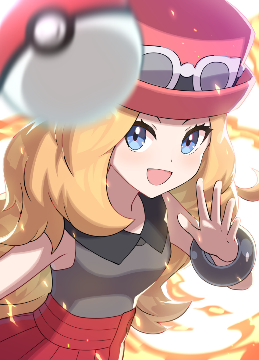 1girl :d blonde_hair blue_eyes blurry bracelet collared_shirt commentary_request eyelashes eyewear_on_headwear fire gqi_(pixiv_11877511) hand_up hat highres jewelry long_hair open_mouth pink_hat pleated_skirt poke_ball poke_ball_(basic) pokemon pokemon_xy red_skirt serena_(pokemon) shirt skirt smile solo sunglasses white_background