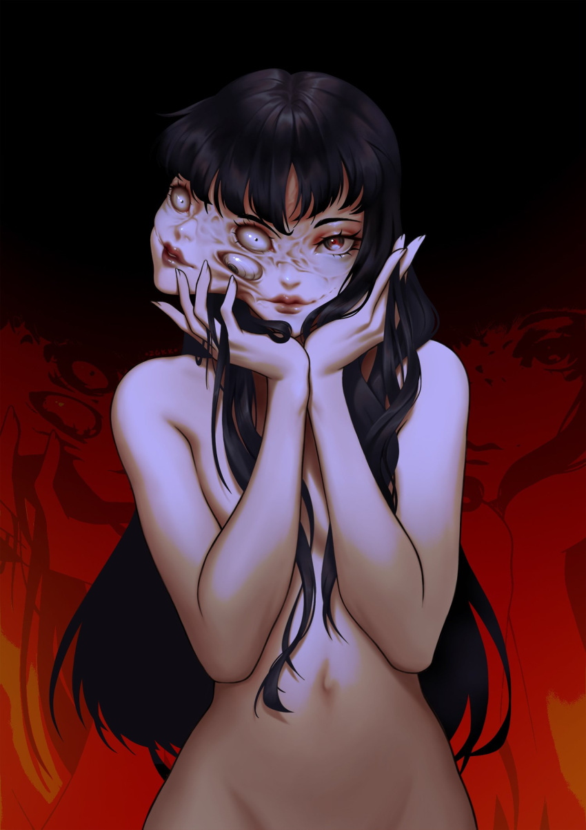 1girl black_background black_eyes black_hair body_horror closed_mouth completely_nude convenient_censoring covering_breasts covering_privates crazy_eyes extra_eyes extra_faces hands_on_own_cheeks hands_on_own_face highres horror_(theme) kawakami_tomie long_hair looking_ahead looking_at_viewer navel nude red_background red_eyes red_lips skinny smile solo straight_hair tomie upper_body wide-eyed zhyeun