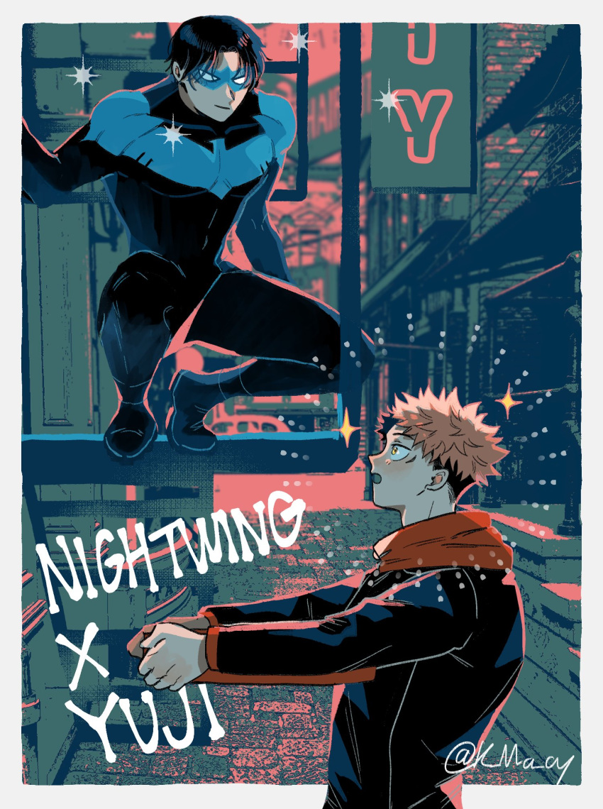 2boys black_hair blue_mask bodysuit border character_name city copyright_request eye_mask full_body highres itadori_yuuji jujutsu_kaisen jujutsu_tech_uniform k_ma_cy latex latex_bodysuit light_smile long_sleeves male_focus multiple_boys nightwing open_mouth outdoors pink_hair short_hair sparkle twitter_username undercut upper_body white_border