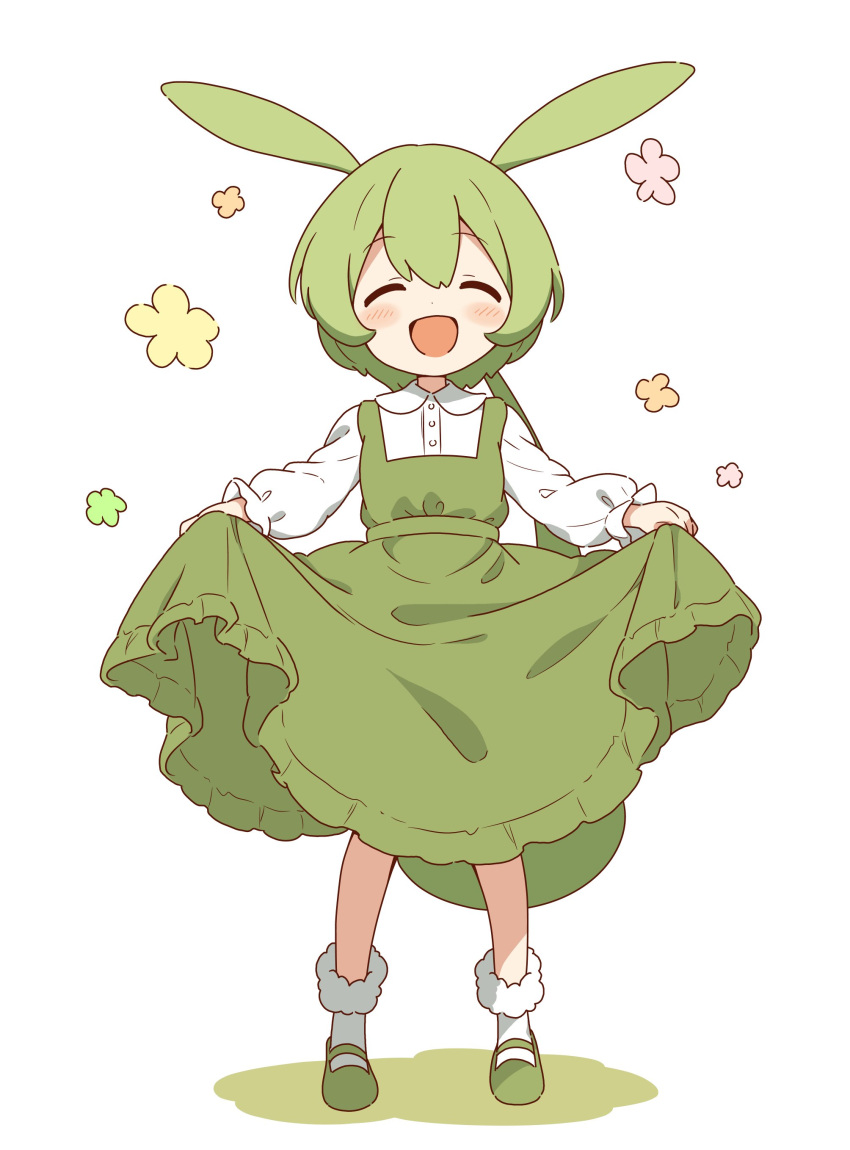 1girl :d absurdres animal_ears blush closed_eyes collared_shirt dress facing_viewer frilled_dress frills full_body fur_socks green_dress green_footwear green_hair highres long_dress long_hair long_sleeves low_twintails open_mouth pinafore_dress rabbit_ears rabbit_girl shadow shirt shoes sidelocks simple_background skirt_hold sleeveless sleeveless_dress smile socks solo straight-on twintails voicevox white_background white_shirt white_socks zundamon zunmut