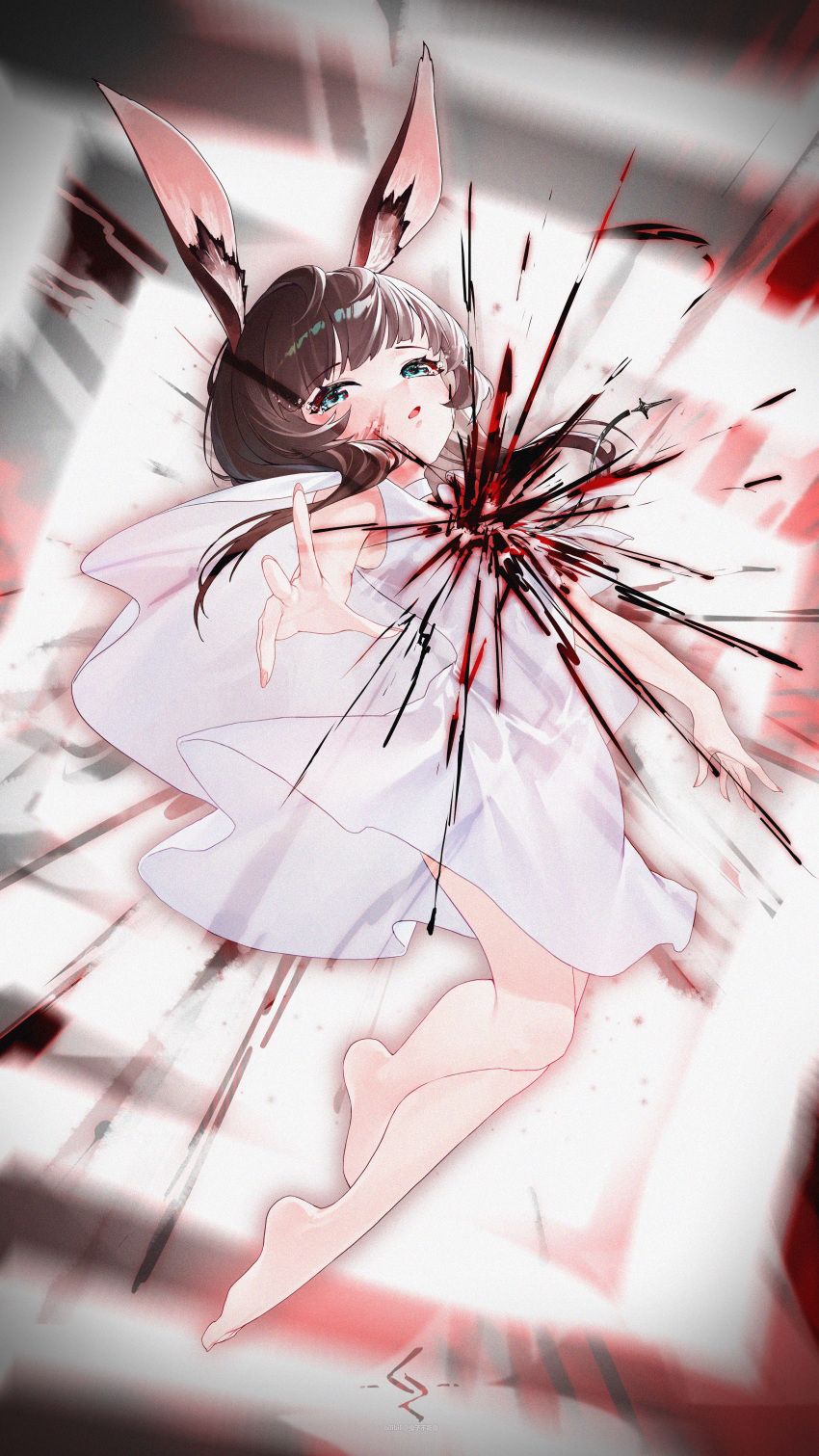 1girl absurdres amiya_(arknights) animal_ear_fluff animal_ears arknights bare_arms barefoot blood blood_on_face blue_eyes blurry blurry_background blush brown_hair commentary_request cz_(mikumikumi) depth_of_field dress full_body highres long_hair looking_at_viewer parted_lips rabbit_ears see-through_silhouette sleeveless sleeveless_dress solo tears white_dress