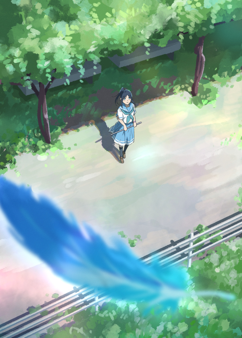 1girl bench black_hair black_socks blue_eyes blue_neckerchief blue_sailor_collar blue_skirt blurry brown_footwear closed_mouth commentary day depth_of_field falling_feathers feathers flute fuyuhino hibike!_euphonium highres holding holding_flute holding_instrument instrument kasaki_nozomi kitauji_high_school_uniform kneehighs liz_to_aoi_tori long_hair looking_at_viewer neckerchief outdoors park_bench plant pleated_skirt ponytail sailor_collar school_uniform serafuku shadow shirt short_sleeves sidelocks skirt socks solo standing white_shirt wide_shot