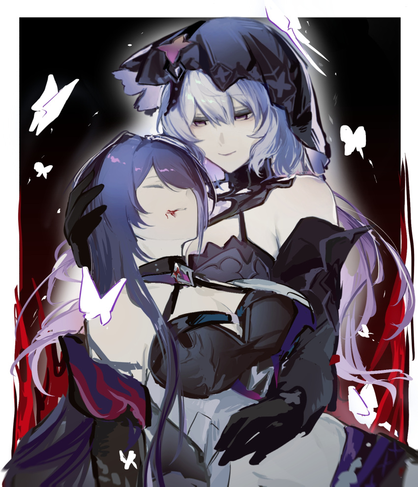 2girls acheron_(honkai:_star_rail) black_choker black_gloves black_shorts black_swan_(honkai:_star_rail) blood blood_from_mouth breasts bug butterfly choker cleavage closed_eyes coat coattails detached_sleeves dress elbow_gloves gloves hair_over_one_eye hand_on_another's_head hand_on_another's_stomach highres honkai:_star_rail honkai_(series) lianqi0326 long_hair looking_at_another midriff multicolored_hair multiple_girls navel purple_dress purple_eyes purple_hair purple_veil short_shorts shorts single_bare_shoulder stomach streaked_hair white_coat