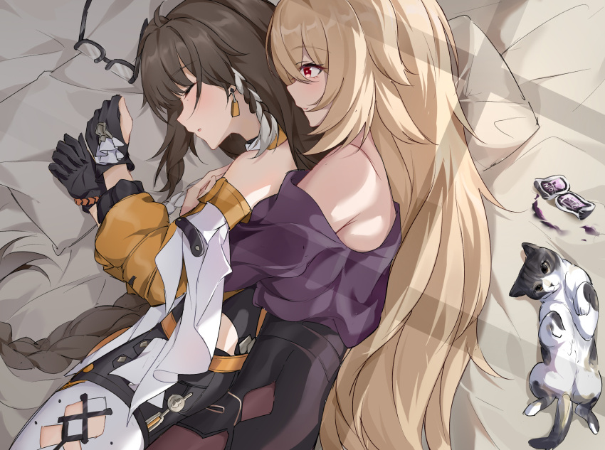 2girls ahoge asymmetrical_gloves bare_shoulders bed black-framed_eyewear black_gloves blonde_hair blush braid brown_hair brown_pantyhose cat chenxue_(honkai_impact) chinese_commentary closed_eyes commentary_request cross-laced_clothes cross-laced_legwear detached_sleeves earrings entropy_(honkai_impact_3rd) evzeva eyelashes female_dreamseeker_(honkai_impact) glasses gloves hair_between_eyes hair_down high-waist_shorts highres honkai_(series) honkai_impact_3rd hug hug_from_behind jewelry long_hair long_sleeves lying mismatched_gloves multicolored_hair multiple_girls off_shoulder on_bed on_side orange_sleeves pantyhose parted_lips partially_fingerless_gloves pillow purple_shirt red_eyes semi-rimless_eyewear shirt shorts side_braid sidelocks sleeping smile spooning streaked_hair under-rim_eyewear unworn_eyewear very_long_hair white_hair white_pantyhose yuri