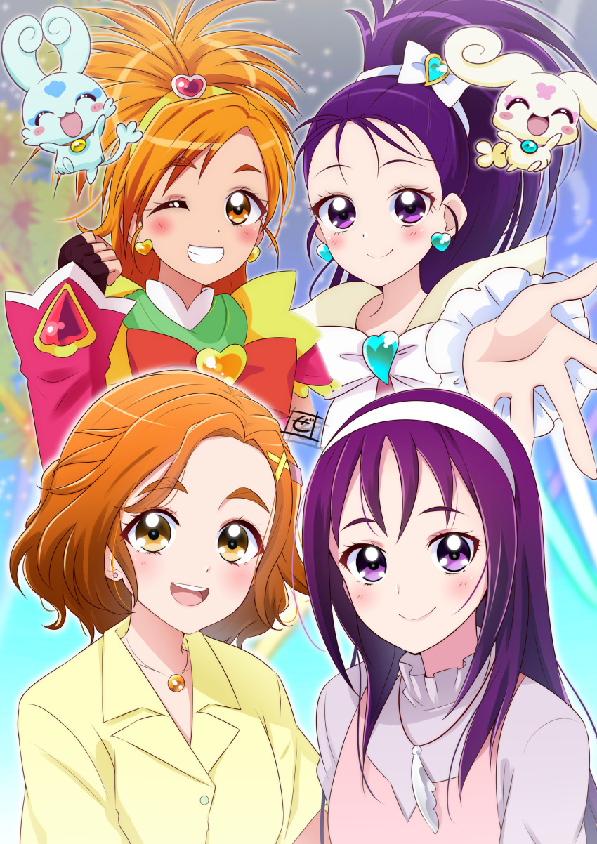 4girls absurdres artist_logo black_gloves bow bowtie brooch choppy clenched_hand closed_mouth collared_shirt commentary_request cure_bloom cure_egret detached_collar dress dual_persona earrings fingerless_gloves flappy_(futari_wa_precure) futari_wa_precure_splash_star gloves grey_shirt grin hair_ornament hair_pulled_back hairband heart heart_brooch heart_earrings heart_hair_ornament highres hyuuga_saki jewelry kibou_no_chikara_~otona_precure_'23~ long_hair looking_at_viewer magical_girl mishou_mai multiple_girls necklace one_eye_closed open_mouth orange_eyes orange_hair partial_commentary pinafore_dress pink_dress ponytail precure purple_eyes purple_hair reaching reaching_towards_viewer red_bow red_bowtie red_sleeves shirt short_hair short_sleeves side-by-side sleeveless sleeveless_dress smile stud_earrings tiara white_bow white_bowtie white_hairband wing_collar x_hair_ornament yellow_shirt zero-theme
