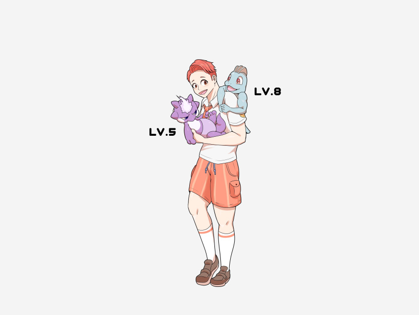 4:3 absurd_res bottomwear carrying_another clothing generation_1_pokemon generation_8_pokemon group hi_res human machop male mammal naranja_academy nintendo pokemon pokemon_(species) school_uniform shimita shorts simple_background toxel trio uniform white_background