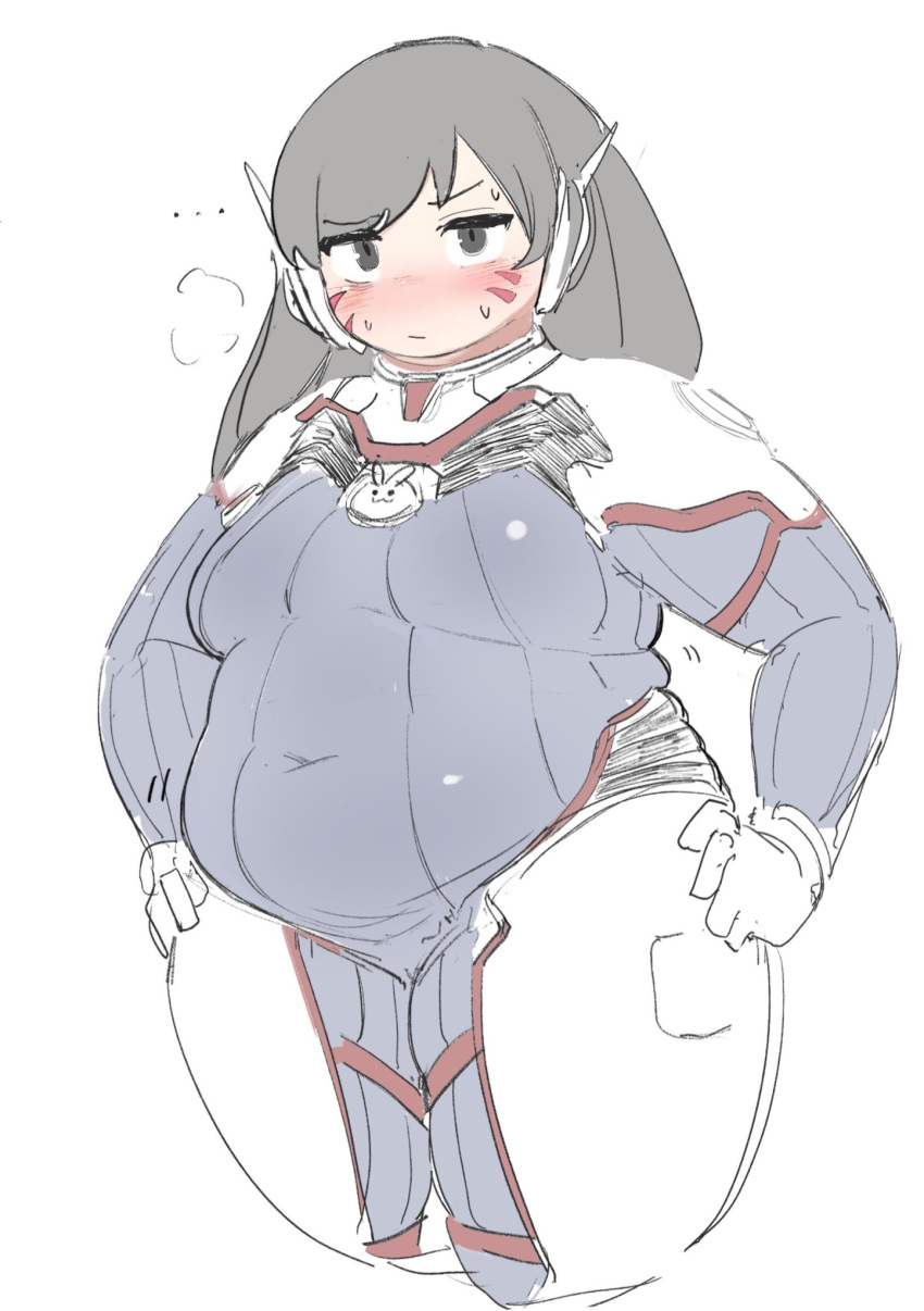 ... 1girl alternate_body_size blush bodysuit breasts closed_mouth covered_navel cowboy_shot cropped_legs d.va_(overwatch) facial_mark fat gloves hands_on_own_hips highres jitome long_hair looking_at_viewer medium_breasts nimo_(b45ui) overwatch pilot_suit puff_of_air ribbed_bodysuit simple_background skin_tight solo sweat thick_arms thick_thighs thighs whisker_markings white_background white_gloves