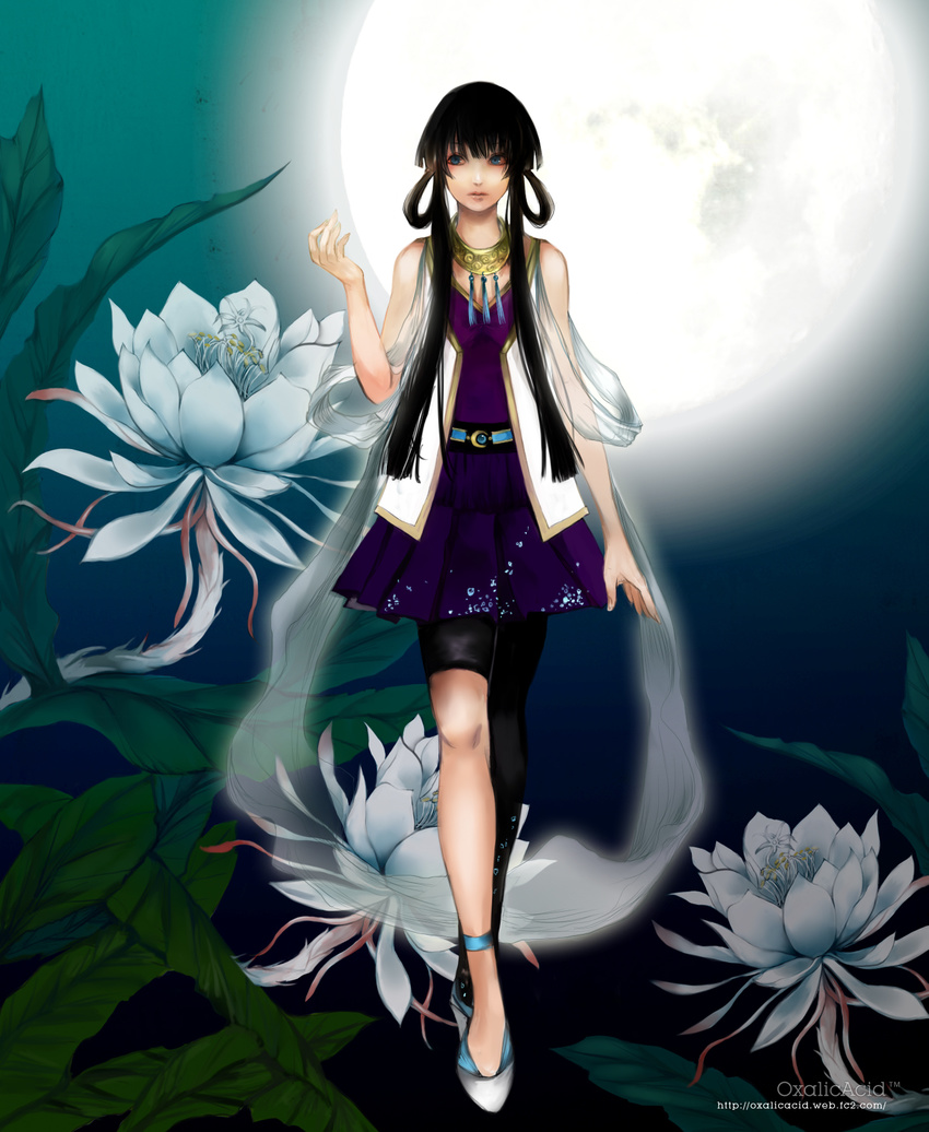 black_hair blue_eyes flower full_moon highres leaf long_hair lotus moon original oxalicacid scarf skirt solo thighhighs