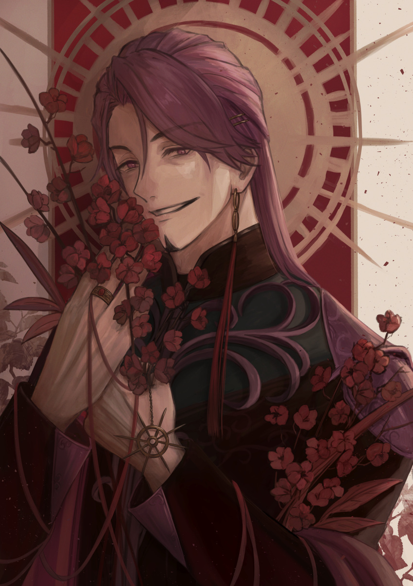 1boy absurdres collared_jacket duryodhana_(fate) earrings facial_hair fate/grand_order fate_(series) flower goatee goatee_stubble highres holding indian_clothes jacket jewelry long_hair long_sleeves male_focus purple_eyes purple_hair ring sagaru0408 shirt single_earring smile stubble upper_body