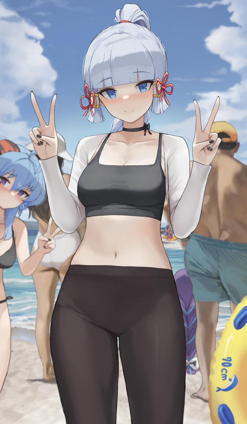 2girls absurdres alternate_costume beach bikini black_bikini black_choker black_nails black_sports_bra blue_hair blue_sky blunt_bangs blunt_tresses blush breasts choker closed_mouth collarbone cowboy_shot dolri double_v ganyu_(genshin_impact) genshin_impact grey_hair hair_ribbon hands_up highres kamisato_ayaka long_hair looking_at_viewer medium_breasts multiple_girls navel ocean pants people ribbon shrug_(clothing) sky smile solo sports_bra stomach swimsuit tress_ribbon v yoga_pants