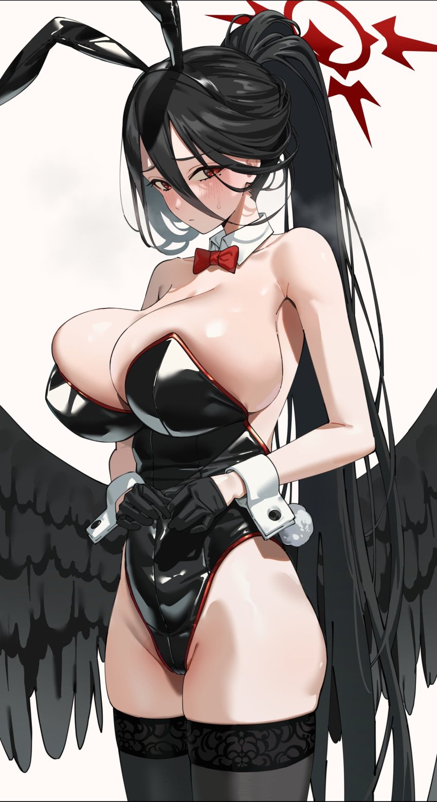 1girl absurdres animal_ears black_gloves black_hair black_leotard black_thighhighs black_wings blue_archive bow bowtie breasts fake_animal_ears fake_tail gloves halo hasumi_(blue_archive) highres huge_breasts leotard long_hair looking_at_viewer mole mole_under_eye playboy_bunny ponytail rabbit_ears rabbit_tail red_bow red_bowtie red_eyes red_halo solo tail thighhighs white_background wings wrist_cuffs yukiman1056