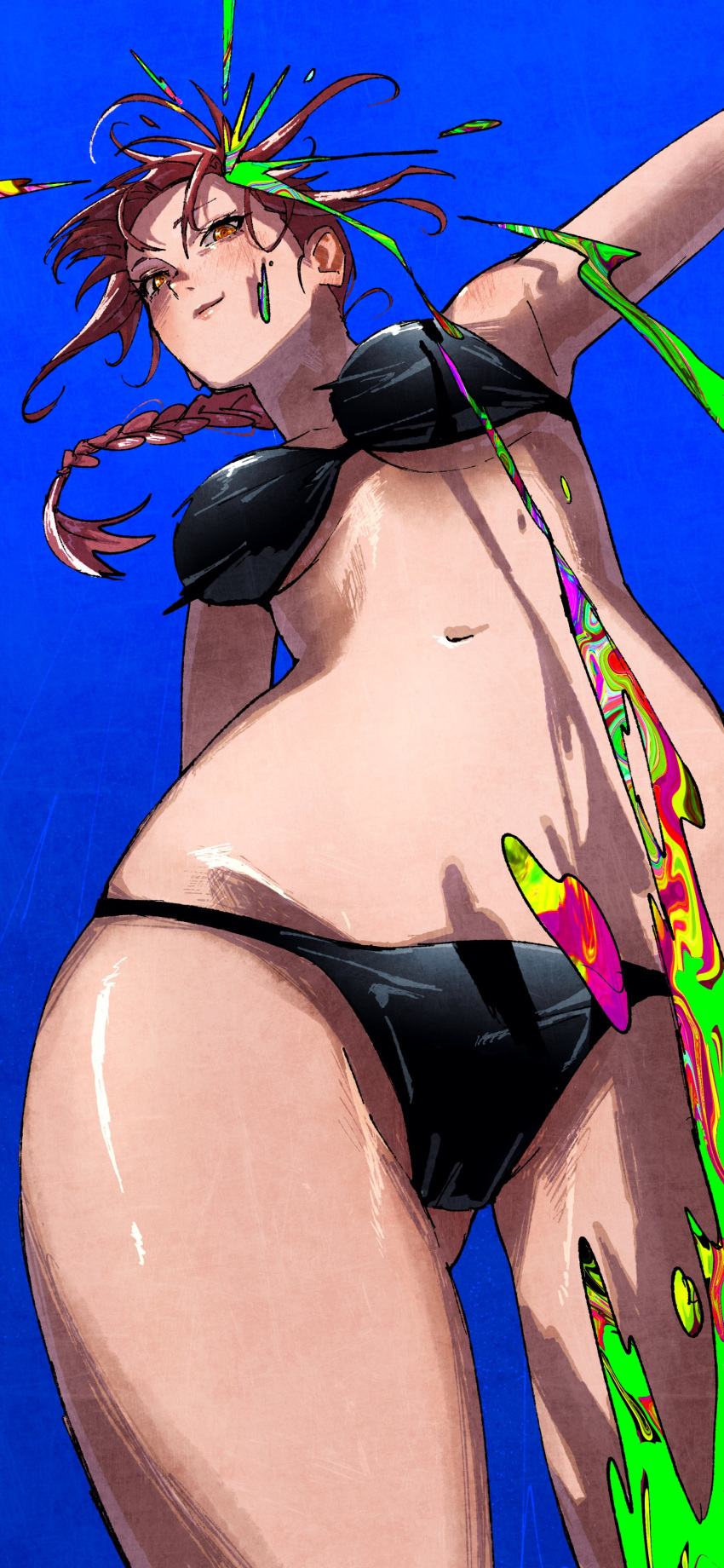 1girl absurdres armpits bikini black_bikini blue_background braid breasts erupusai2 from_below highres looking_afar navel original purple_eyes purple_hair simple_background solo standing swimsuit