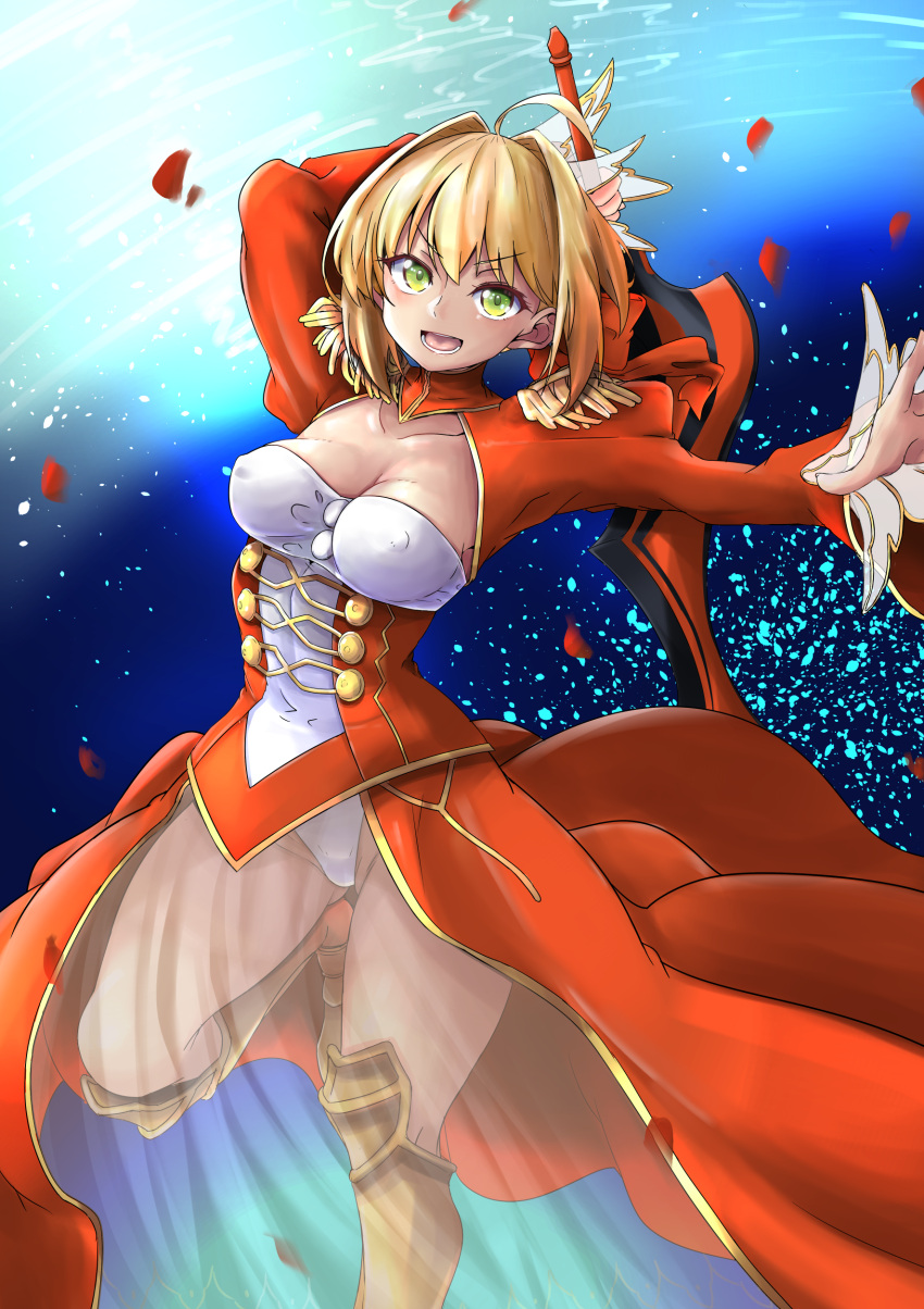 1girl absurdres aestus_estus ahoge alternate_breast_size blonde_hair braid breasts cleavage covered_nipples dress edoara epaulettes fate/extra fate/extra_ccc fate/grand_order fate_(series) french_braid green_eyes hair_intakes highres juliet_sleeves long_sleeves looking_at_viewer medium_breasts nero_claudius_(fate) nero_claudius_(fate/extra) open_mouth petals puffy_sleeves red_dress red_ribbon ribbon rose_petals short_hair smile solo