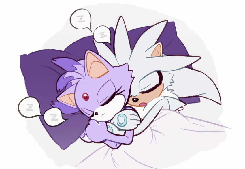 1boy 1girl blaze_the_cat commentary couple english_commentary furry furry_female furry_male hetero highres hug hug_from_behind miijiu no_gloves pillow silver_the_hedgehog simple_background sleeping sonic_(series) under_covers zzz