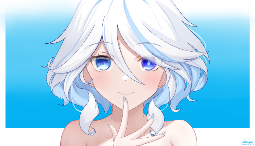 1girl absurdres blue_background blue_eyes blue_hair blue_nails blush colored_inner_hair commentary furina_(genshin_impact) genshin_impact hand_up highres ken-pai_(kenpai_arts) looking_at_viewer multicolored_hair nail_polish nude portrait smile solo streaked_hair white_hair