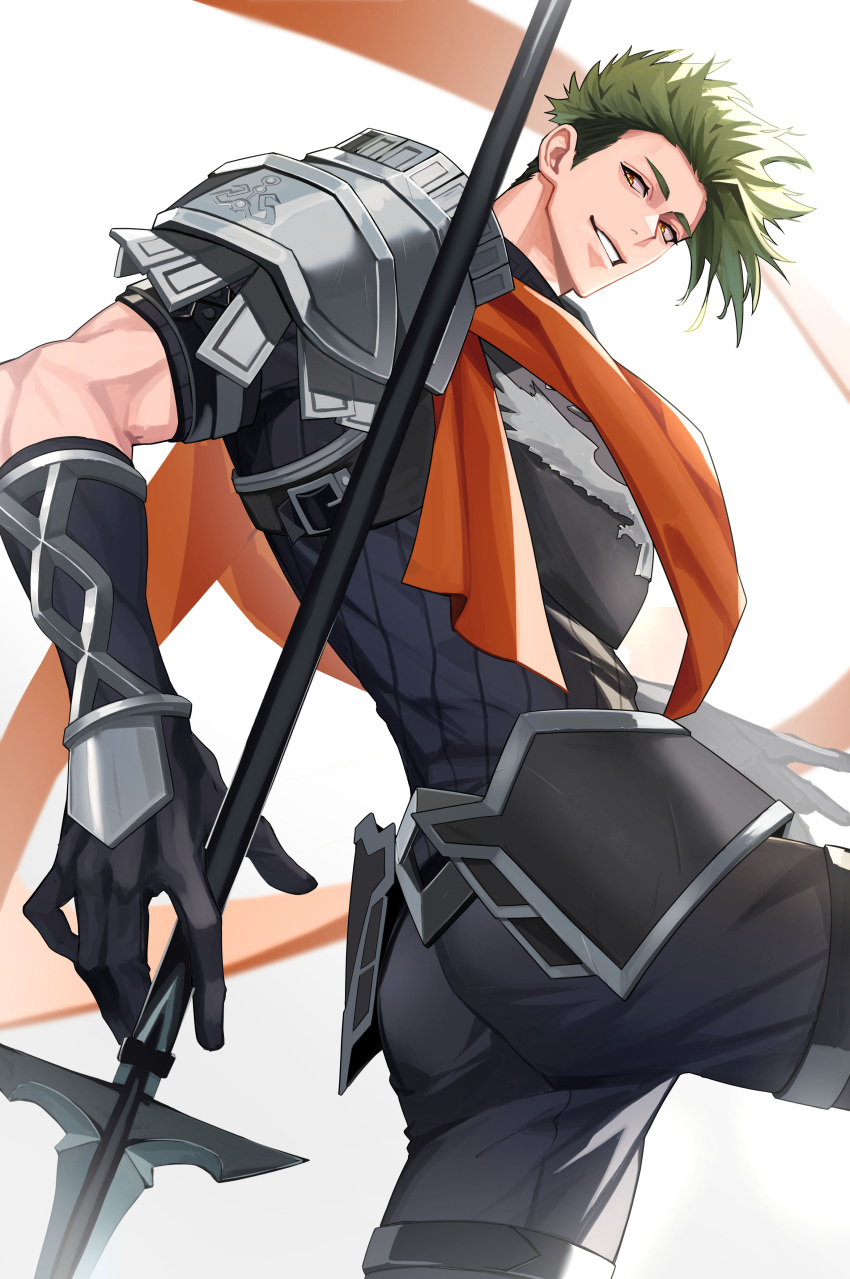 1boy absurdres achilles_(fate) armor ass fate/grand_order fate_(series) gloves green_hair haruakira highres holding holding_polearm holding_weapon looking_at_viewer male_focus muscular muscular_male orange_sash pants pauldrons polearm short_hair shoulder_armor single_pauldron smile solo undercut weapon yellow_eyes