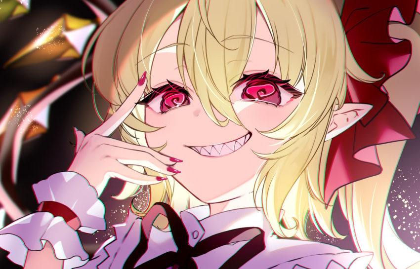 1girl @_@ black_background black_ribbon blonde_hair blurry close-up colored_eyelashes commentary_request crazy_eyes crazy_smile crystal depth_of_field eyelashes fingernails flandre_scarlet frilled_wrist_cuffs frills funada_kiito grin hair_between_eyes hair_ribbon hand_up highres index_finger_raised lips long_fingernails looking_at_viewer medium_hair nail_polish neck_ribbon paragasu_(parags112) pointy_ears red_eyes red_nails red_ribbon red_wrist_cuffs ribbon sharp_teeth side_ponytail simple_background smile solo teeth touhou tsurime wings wrist_cuffs