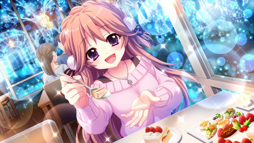 1boy 2girls :d black_ribbon braid breasts brown_hair bush cake candle chair christmas christmas_lights collarbone crown_braid dot_nose film_grain food food_request food_writing fruit game_cg haeno_akari hair_ribbon hanging_light holding holding_spoon holly incoming_food indoors izumi_tsubasu jewelry large_breasts lens_flare long_hair long_sleeves looking_at_viewer medium_hair merry_christmas multiple_girls necklace night non-web_source off-shoulder_sweater off_shoulder official_art open_mouth orange_hair outstretched_hand pink_sweater plate ponytail purple_eyes re:stage! restaurant ribbon sitting smile solo_focus sparkle spoon stone_walkway strawberry strawberry_cake sweater table tree two_side_up window