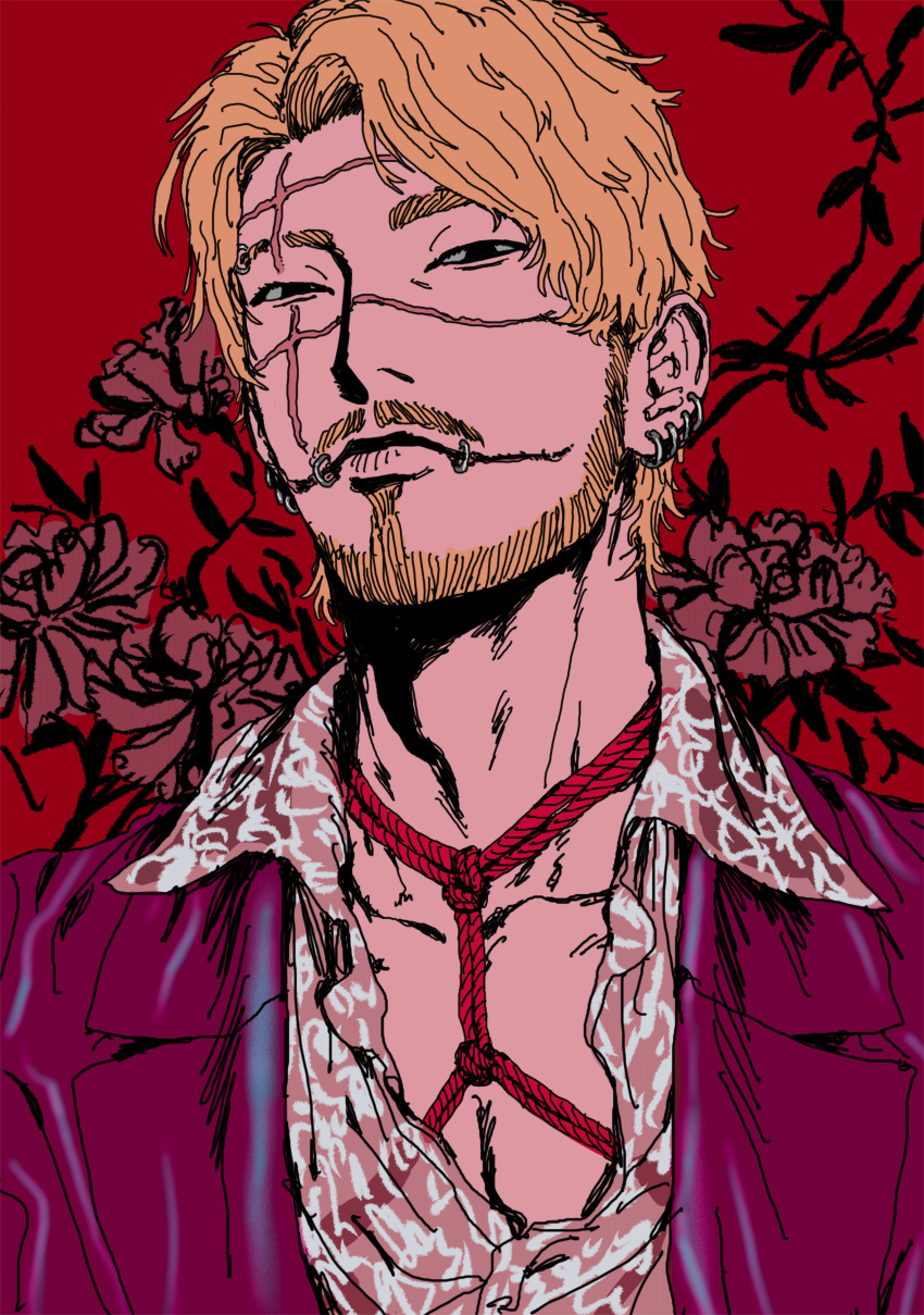 1boy absurdres adam's_apple beard blonde_hair bondage_under_clothes expressionless facial_hair floral_print full_beard highres kakihara_masao koroshiya_ichi looking_at_viewer male_focus mature_male multiple_scars myojo_0120 partially_unbuttoned pectoral_cleavage pectorals pencil_mustache portrait red_background red_rope rope scar shibari short_hair solo thick_eyebrows tsurime