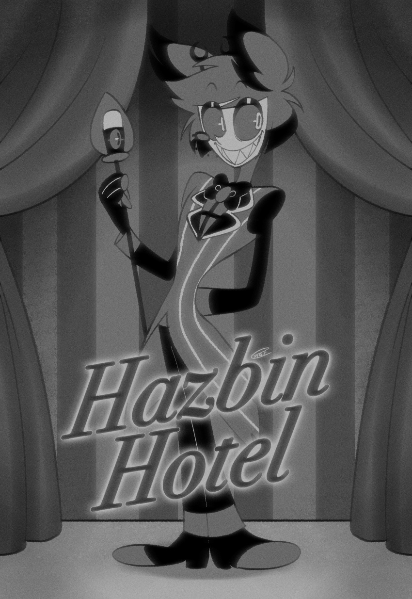 absurd_res alastor_(hazbin_hotel) animal_humanoid antlers clothed clothing copyright_name deer deer_humanoid demon demon_humanoid enaic31 hazbin_hotel hi_res horn humanoid male mammal mammal_humanoid monochrome rubberhose sharp_teeth smile solo teeth text