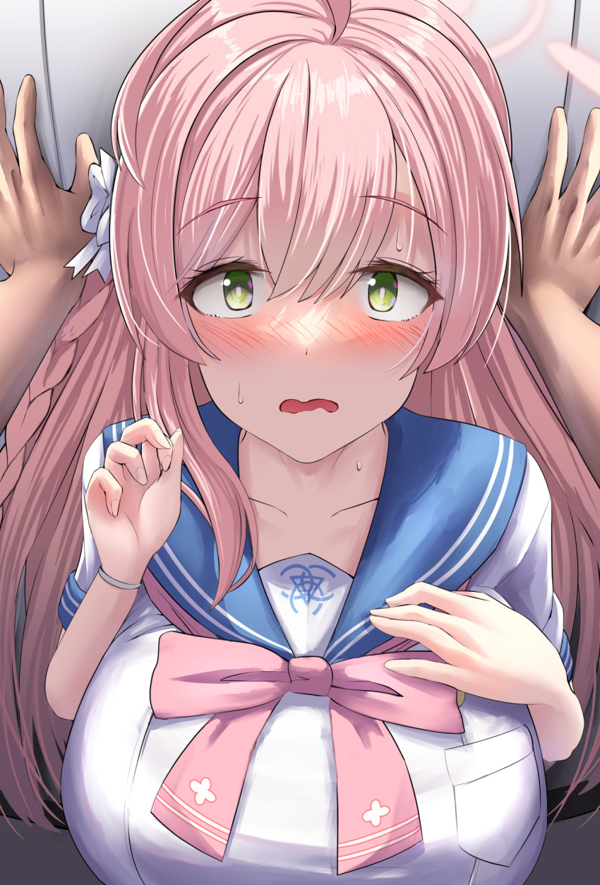 1girl blue_archive blue_sailor_collar blush bow bowtie braid breasts flustered green_eyes hair_between_eyes hair_bow halo hanako_(blue_archive) hands_up highres kabedon large_breasts long_hair looking_at_viewer open_mouth pink_hair pink_halo pov pov_hands raised_eyebrows revision sailor_collar shirt short_sleeves silver_bullet_(ecc12_8) solo_focus sweat upper_body wavy_mouth white_shirt