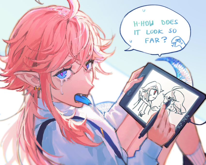 1girl ahoge artist_self-insert blue_eyes child's_drawing drawing_tablet earrings english_text from_behind heki_(keibleh) highres holding holding_drawing_tablet holding_stylus jewelry keibleh long_hair long_sleeves looking_at_viewer looking_back open_mouth original pink_hair pink_pupils pointy_ears ponytail shirt slit_pupils snake_tail socks solo stylus suspenders tail tears tongue tongue_out white_shirt white_socks