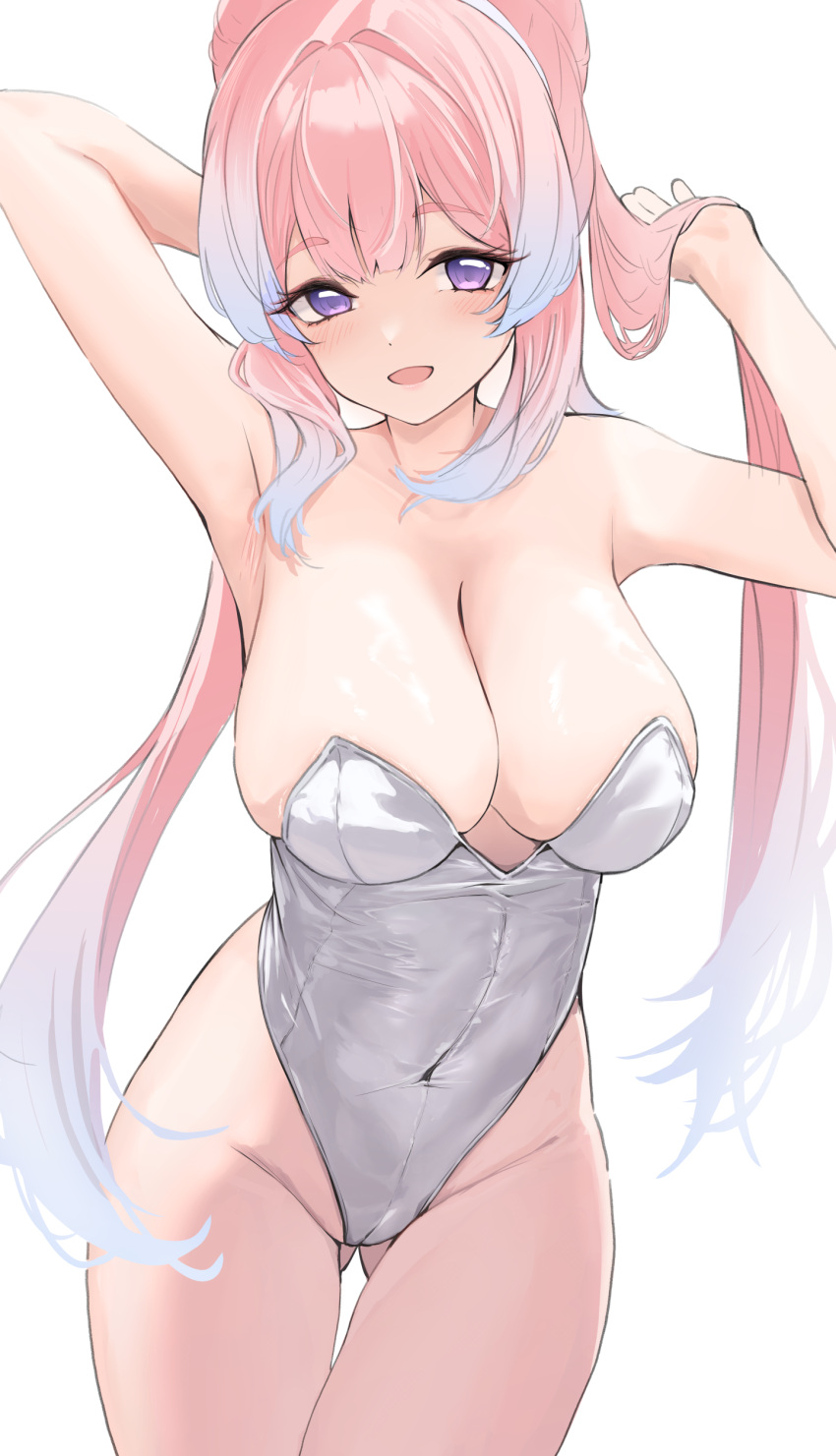 1girl absurdres armpits ass_visible_through_thighs bare_shoulders blue_hair blush breasts cleavage collarbone commentary covered_navel genshin_impact gradient_hair highleg highleg_leotard highres huge_breasts leotard light_blue_hair long_hair looking_at_viewer multicolored_hair open_mouth pink_hair playboy_bunny purple_eyes sangonomiya_kokomi sashimi_nasu simple_background smile solo thighs two-tone_hair white_background white_leotard