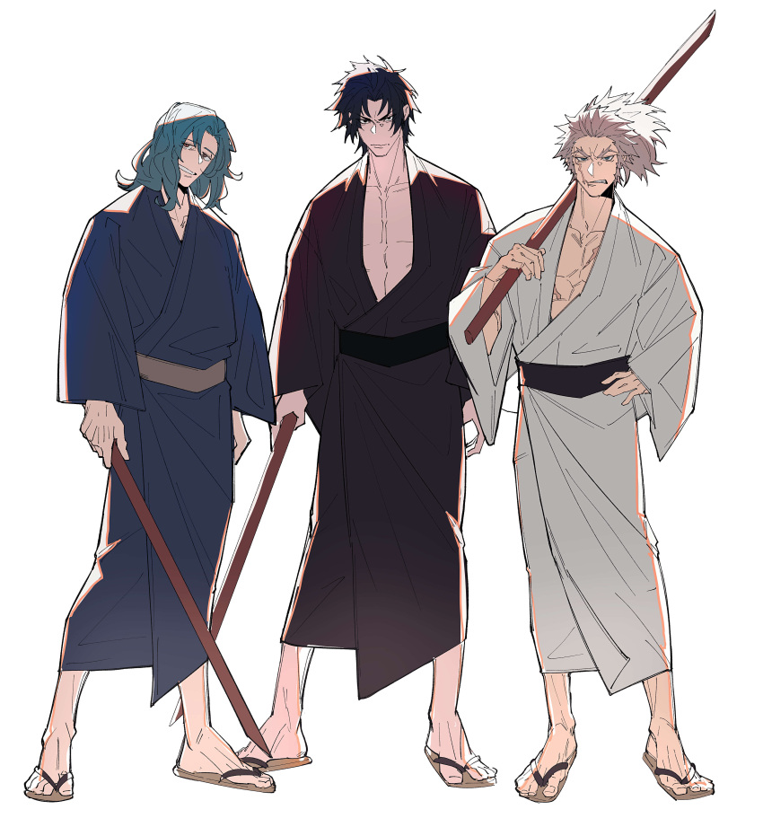 3boys absurdres alternate_costume black_eyes black_hair black_kimono blue_eyes blue_hair blue_kimono brown_eyes fate/grand_order fate_(series) grey_hair haruakira highres hijikata_toshizou_(fate) holding holding_sword holding_weapon japanese_clothes katana kimono long_sleeves male_focus medium_hair multiple_boys muscular muscular_male nagakura_shinpachi_(fate) pectoral_cleavage pectorals saitou_hajime_(fate) sandals scar scar_on_cheek scar_on_face sheath sheathed short_hair smile sword wavy_hair weapon white_kimono zouri