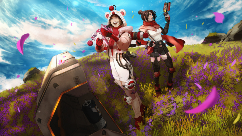 2girls 7th_heaven_skirmisher_wraith apex_legends b3_wingman black_gloves black_hair black_shorts black_thighhighs blue_eyes boots breasts cloud cosplay english_commentary final_fantasy final_fantasy_vii final_fantasy_vii_rebirth final_fantasy_vii_remake fingerless_gloves gloves grass gun hair_bun highres holding holding_gun holding_weapon ifragmentix knee_pads kupo_power_wattson looking_up medium_breasts moogle moogle_(cosplay) multiple_girls official_alternate_costume official_art open_mouth petals r-99_smg red_footwear revolver shirt short_hair shorts single_hair_bun sky sleeveless sleeveless_shirt smile submachine_gun suspenders thighhighs wattson_(apex_legends) weapon white_shirt wraith_(apex_legends)