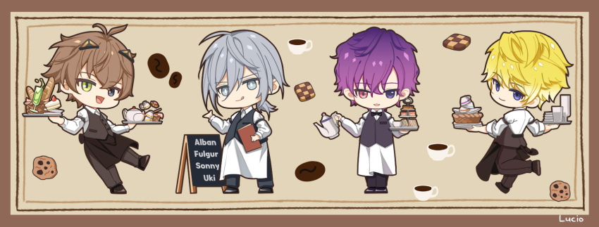 4boys alban_knox antenna_hair apron baguette black_eyes blonde_hair bow bowtie bread brown_hair cake cake_slice checkerboard_cookie chibi coffee_beans collared_shirt commentary cookie cup dishes drink food from_behind fulgur_ovid full_body gradient_hair green_eyes grey_eyes grey_hair hair_ornament heterochromia highres holding holding_plate holding_teapot holding_tray long_sleeves looking_at_viewer looking_back low_ponytail lucio_(lucioooo38) male_focus menu multicolored_hair multiple_boys nijisanji nijisanji_en open_mouth pants pink_eyes plate purple_eyes purple_hair shirt short_hair sleeves_rolled_up smile sonny_brisko teacup teapot tiered_tray tongue tongue_out traditional_bowtie tray uki_violeta vest virtual_youtuber waist_apron waiter