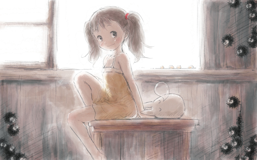 backlighting bad_id bad_pixiv_id bare_shoulders brown_eyes brown_hair child creature dress highres kusakabe_mei nose_bubble short_hair sitting sketch sleeping smile sundress susuwatari tonari_no_totoro twintails wallpaper yoshinogai