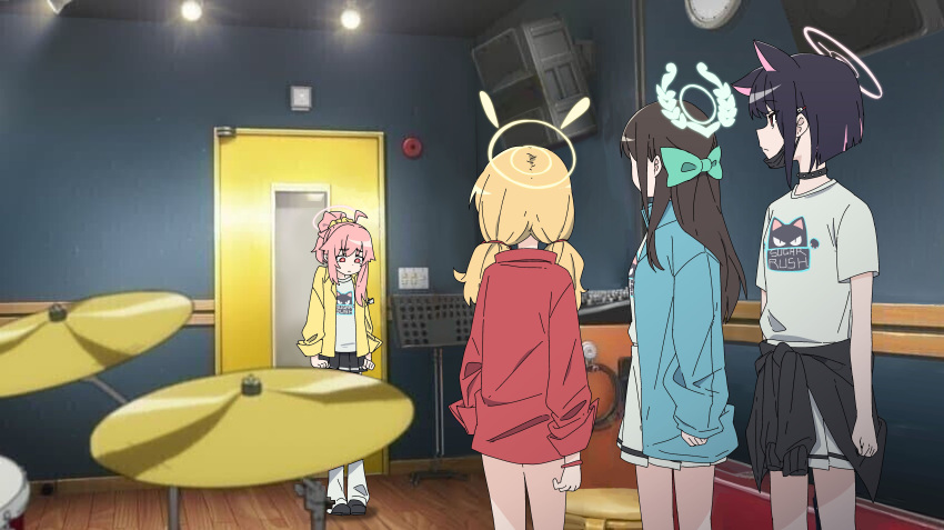4girls absurdres after-school_sweets_club_(blue_archive) airi_(band)_(blue_archive) airi_(blue_archive) black_cardigan black_choker black_hair black_mask blonde_hair blue_archive blue_jacket bocchi_the_rock! bow cardigan cardigan_around_waist choker clothes_around_waist commentary_request cymbals ggaebchun hair_bow halo highres indoors instrument jacket kazusa_(band)_(blue_archive) kazusa_(blue_archive) korean_commentary looking_at_another looking_down mask mask_pull mouth_mask multiple_girls natsu_(band)_(blue_archive) natsu_(blue_archive) parody pink_hair pleated_skirt red_jacket scene_reference shirt short_hair skirt speaker twintails white_shirt wooden_floor yellow_jacket yoshimi_(band)_(blue_archive) yoshimi_(blue_archive)