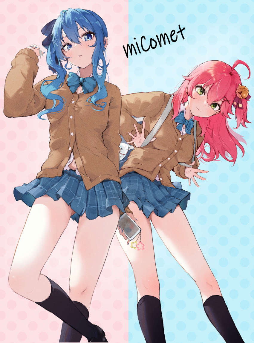 2girls absurdres backpack bag bare_legs bell black_footwear black_socks blue_bow blue_eyes blue_hair bow cellphone green_eyes hair_bell hair_ornament hand_up highres holding holding_phone hololive hoshimachi_suisei jingle_bell long_hair looking_at_viewer menomeno_draw multiple_girls navel phone pink_hair pleated_skirt sakura_miko school_uniform shirt simple_background skirt smartphone socks sweater two-tone_background virtual_youtuber white_shirt