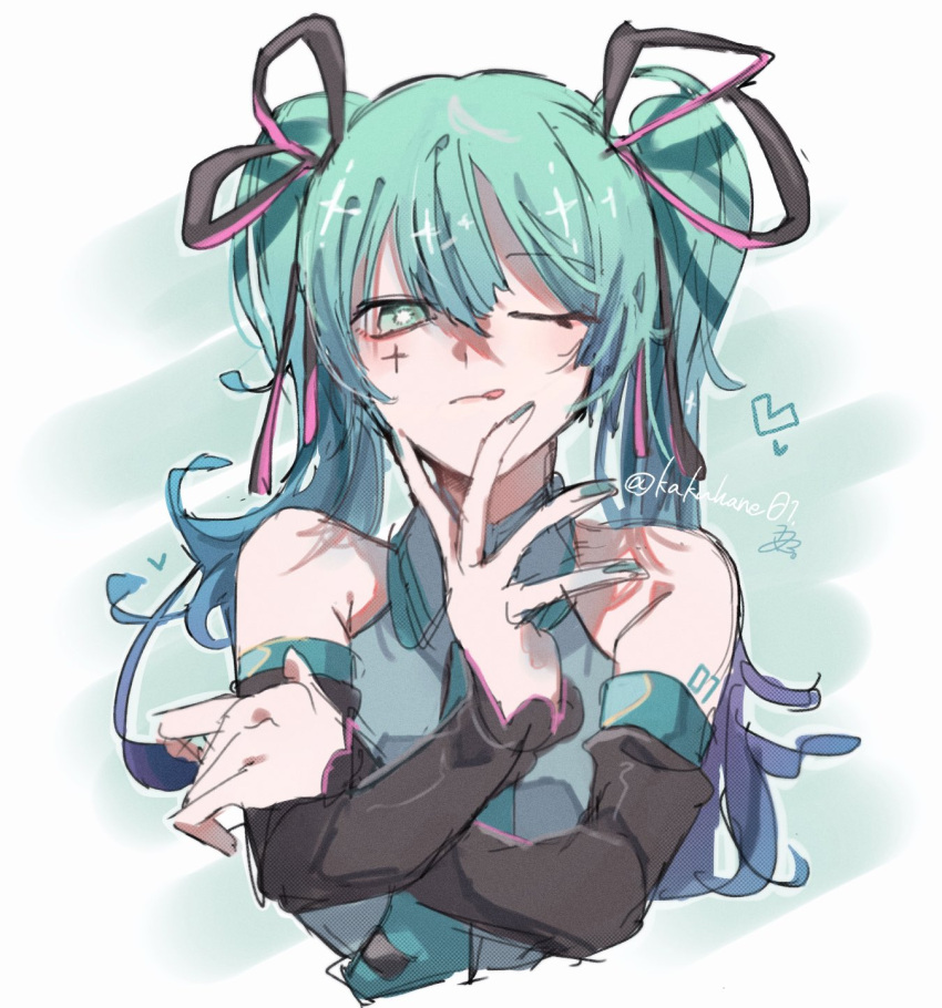 1girl ;p aqua_eyes aqua_hair aqua_nails aqua_necktie bare_shoulders black_ribbon black_sleeves collared_shirt cropped_torso cross cross_facial_mark crossed_arms detached_sleeves facial_mark fingernails grey_shirt hair_ribbon hand_on_own_face hane_(kakuhane) hatsune_miku heart highres long_hair long_sleeves looking_at_viewer multicolored_ribbon nail_polish necktie one_eye_closed pink_ribbon ribbon shirt smug solo tongue tongue_out twintails twitter_username upper_body vocaloid