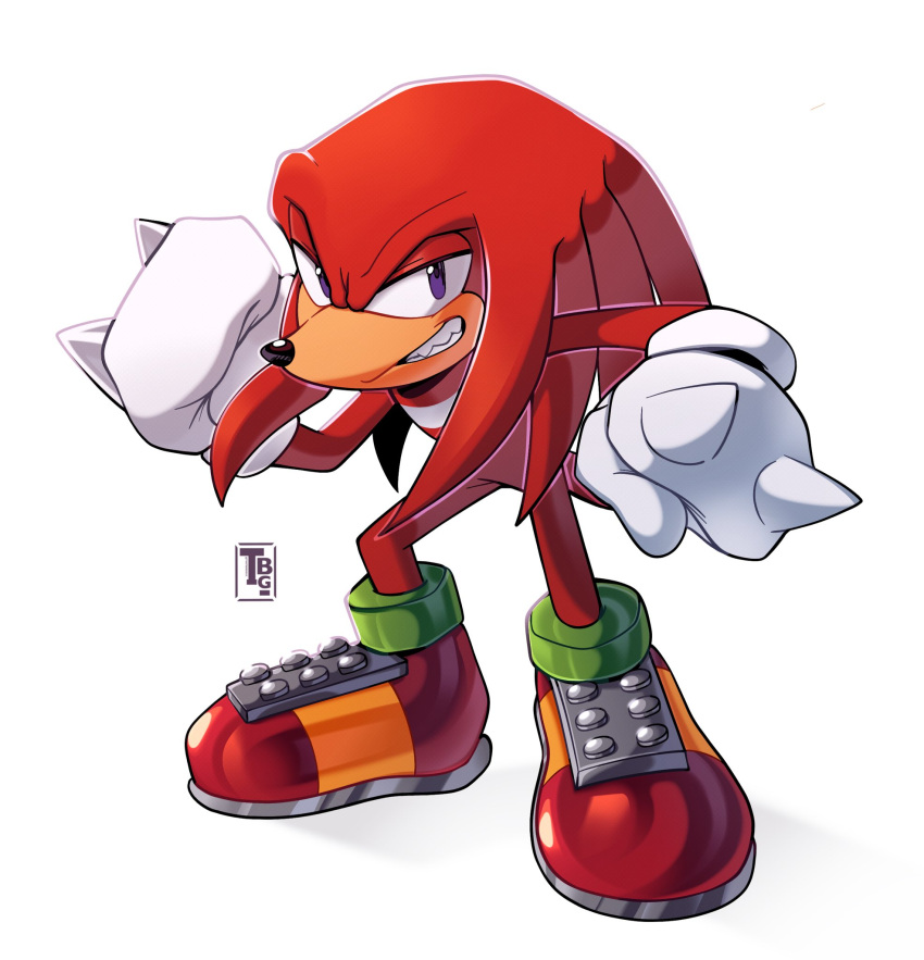 1boy artist_logo clenched_hands full_body furry furry_male gloves grin highres knuckles_the_echidna looking_at_viewer nic_kenten purple_eyes red_footwear red_fur shoes simple_background smile solo sonic_(series) teeth two-tone_footwear white_background white_gloves yellow_footwear