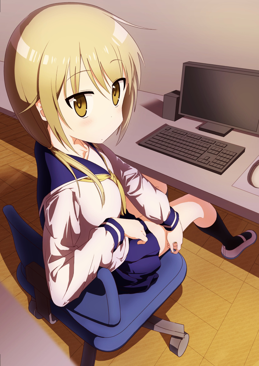 1girl absurdres arm_support blue_sailor_collar cereal_(cerealoekaki) chair foreshortening highres ichii_yui indoors keyboard_(computer) long_sleeves looking_back low_twintails monitor neckerchief necktie office_chair sailor_collar school_uniform serafuku sitting solo swivel_chair twintails yellow_eyes yellow_neckerchief yellow_necktie yuyushiki yuyushiki's_school_uniform
